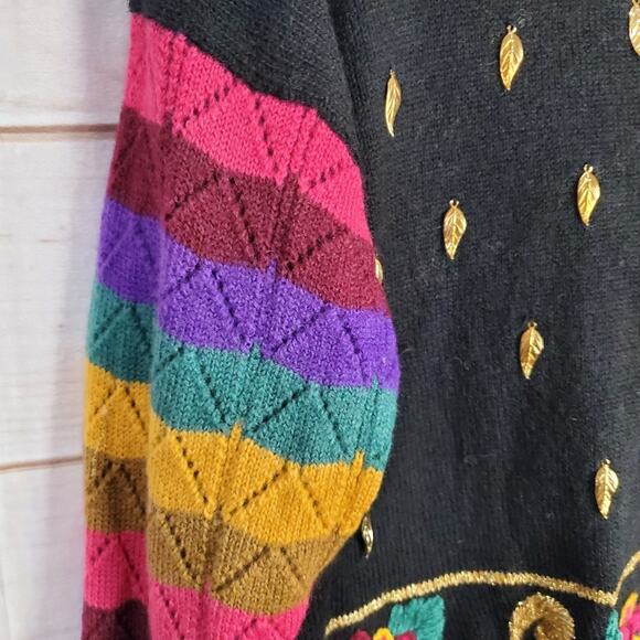 Vintage Carole Little Sweater Women Large Wool Black Rainbow Metallic Charms 90s - Picture 4 of 11